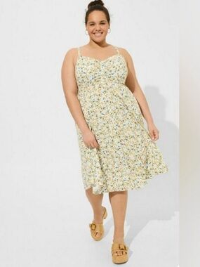 Torrid Cream Floral Midi Dress with Blue and Mustard Accents